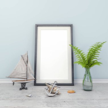 Tahta zemin ve deniz dekorasyonunda boş bir maket posterin 3D görüntüsü