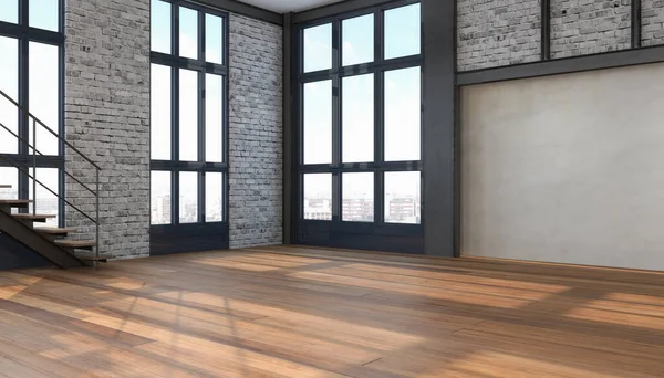 3D展示一个有大窗户和楼梯的空的现代阁楼 明亮的客厅 — 图库照片