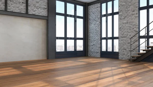 Rendering Van Een Lege Moderne Loft Met Grote Ramen Een — Stockfoto