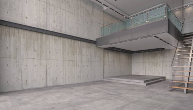 Merdiveni olan boş, modern bir çatı katının 3D görüntüsü - parlak oturma odası