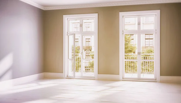 Renderização Uma Sala Vazia Com Grandes Janelas Varanda Piso Parquet — Fotografia de Stock