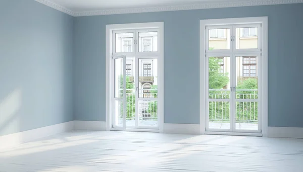 Darstellung Eines Leeren Zimmers Mit Großen Fenstern Balkon Und Parkettboden — Stockfoto