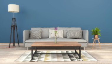 Üç boyutlu İskandinav oturma odası, kanepe, masa ve dekorasyon - İskandinav tarzı