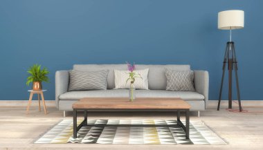 Üç boyutlu İskandinav oturma odası, kanepe, masa ve dekorasyon - İskandinav tarzı