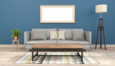 Üç boyutlu İskandinav oturma odası, kanepe, masa ve dekorasyon - İskandinav tarzı