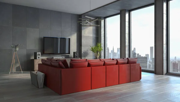 Rendering Modern Loft Large Windows Big Red Couch Equipment Bright — Stock Photo, Image