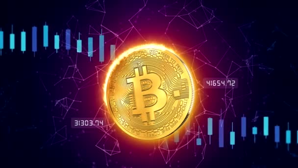 Video Animation Golden Burning Bitcoin Background Trading Chart Physical Bitcoin — Stock Video