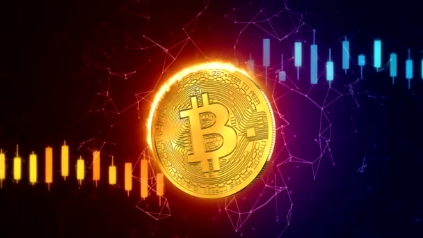 Ticari Tabloyla Arka Planda Yanan Altın Bir Bitcoin Video Animasyonu — Stok video