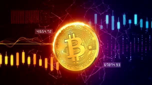 Ticari Tabloyla Arka Planda Yanan Altın Bir Bitcoin Video Animasyonu — Stok video