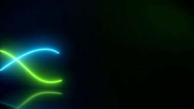 Yansıtıcı zemin üzerinde yeşil ve mavi renkte parlayan neon dalgaların video animasyonu - soyut arkaplan - yer tutucu