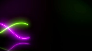 Yansıtıcı zemin üzerinde yeşil ve mor renkte parlayan neon dalgaların video canlandırması - soyut arkaplan - yer tutucu