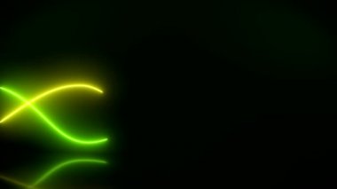 Yansıtıcı zemin üzerinde yeşil ve sarı renkli parlayan neon dalgaların video animasyonu - soyut arkaplan - yer tutucu