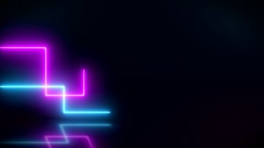 Yansıtıcı zemin üzerinde mavi ve mor renkte parlayan neon çizgilerin video animasyonu - soyut arkaplan