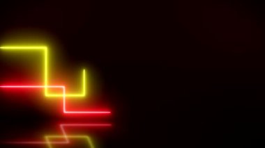 Yansıtıcı zemin üzerinde kırmızı ve sarı renkte parlayan neon çizgilerin video animasyonu - soyut arkaplan