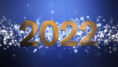 Noel 'in 3D görüntüsü altın ışık parçacıkları mavi arka planda boke ve 2022 sayıları yeni yılı temsil ediyor - tatil kavramını.