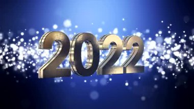 Noel 'in video animasyonu altın ışık parçacıkları mavi arka planda parlıyor ve 2022 rakamları yeni yılı temsil ediyor - tatil kavramı.