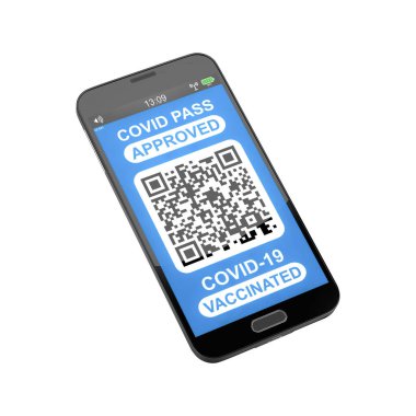 Ekranı gösteren kurgusal bir akıllı telefonun 3D görüntülenmesi, beyaz arka planda izole edilmiş bir covid-19 aşısının QR şifresi