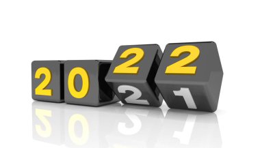 Siyah küplerin 2021 ile 3 boyutlu çizimi - 22 üzeri beyaz arkaplan - 2022 yılını temsil ediyor