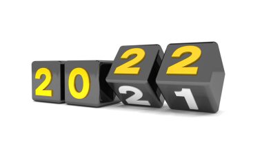 Siyah küplerin 2021 ile 3 boyutlu çizimi - 22 üzeri beyaz arkaplan - 2022 yılını temsil ediyor