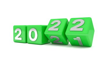 2021 ile 3 boyutlu yeşil küplerin oluşturulması - 22 üzeri beyaz arkaplan - 2022 yılını temsil etmektedir.