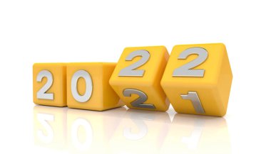 Turuncu küplerin 2021 - 22 üzeri beyaz arkaplan - 3 boyutlu çizimi 2022 yılını temsil ediyor