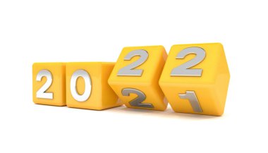 Turuncu küplerin 2021 - 22 üzeri beyaz arkaplan - 3 boyutlu çizimi 2022 yılını temsil ediyor