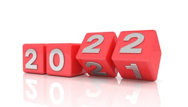 Kırmızı küplerin 2021 - 22 üzeri beyaz arkaplan - 3 boyutlu çizimi 2022 yılını temsil ediyor