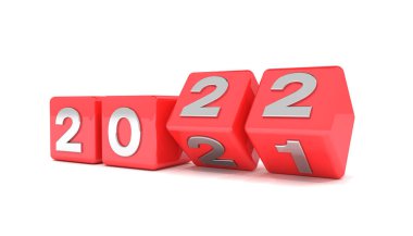 Kırmızı küplerin 2021 - 22 üzeri beyaz arkaplan - 3 boyutlu çizimi 2022 yılını temsil ediyor