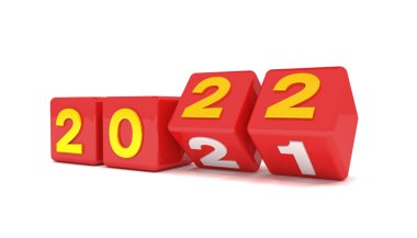 Kırmızı küplerin 2021 - 22 üzeri beyaz arkaplan - 3 boyutlu çizimi 2022 yılını temsil ediyor