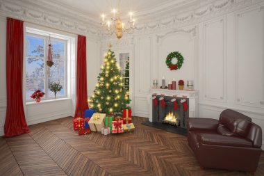 Noel'de Noel ağacı ile dekore edilmiş lüks daire