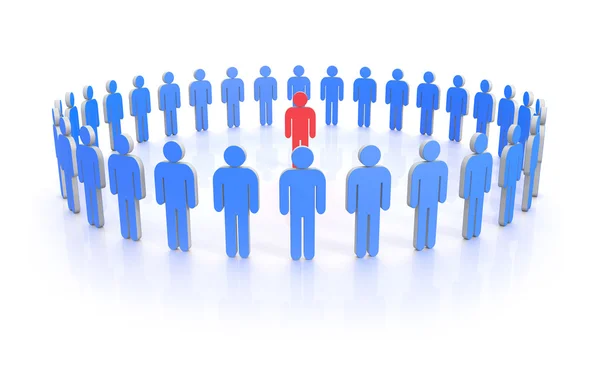 Circle of people in blue with leader in red — Stock Photo, Image