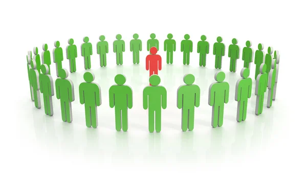 Circle of people in green with leader in red — Stock Photo, Image