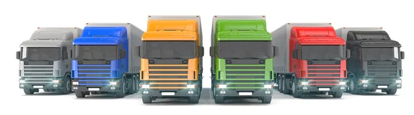Шість різнокольорових вантажних автомобілів, припаркованих поспіль — стокове фото