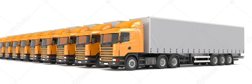 orange cargo trucks parked in a row - shot 24