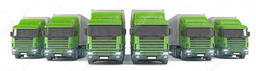 six green cargo trucks parked in a row