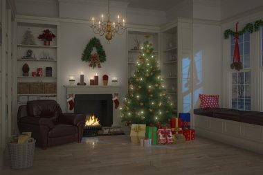 3D - Noel için dekore edilmiş Salon - gece