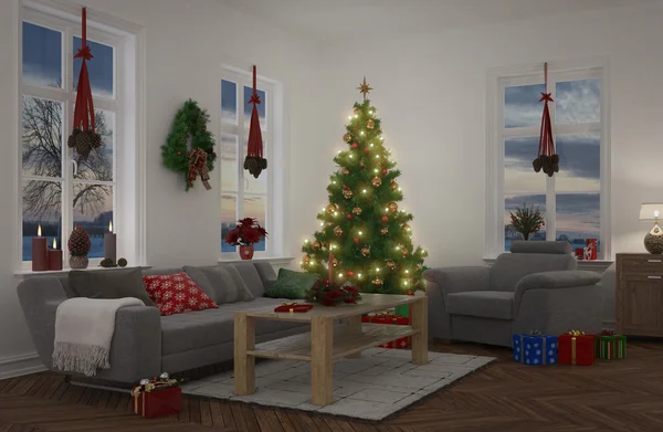 3D - appartement ingericht voor Kerstmis - nacht — Stockfoto
