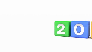 Kırmızı, sarı, mavi ve yeşil küplerin video animasyonu ve beyaz arka planda 2025 ve 2026 yılları - yeni yıl 2026 - tatil kavramını temsil ediyor.