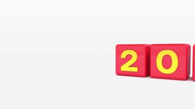 Kırmızı küplerin ve 2025 ve 2026 yıllarındaki altının video animasyonu 2026 yılının tatil konseptini temsil ediyor..