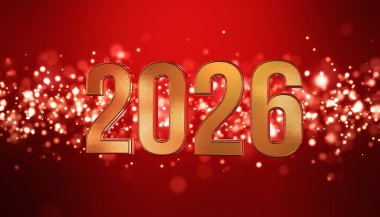 Altın ışık parçacıklarının 3 boyutlu görüntülenmesi kırmızı zemin üzerinde bokeh ve 2026 rakamları yeni yılı temsil ediyor - tatil kavramı..