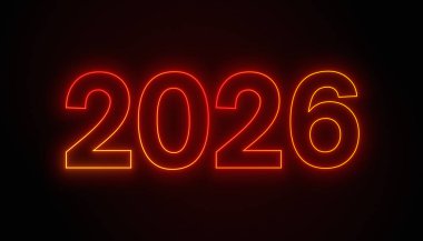Aydınlatıcı bir zemin üzerinde kırmızı arka planda 2026 rakamlarıyla soyut neon ışıkların çizimi yeni yılı temsil ediyor - tatil kavramını..