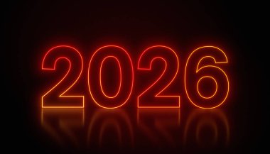 Soyut neon lambaların koyu arkaplan üzerinde kırmızı ile 2026 rakamlarıyla resmedilmesi - yeni yılı temsil ediyor - tatil kavramı.