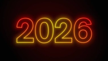 Soyut neon lambaların koyu arkaplan üzerinde kırmızı ve sarı 2026 rakamlarıyla çizimi yeni yılı temsil ediyor - tatil kavramını..