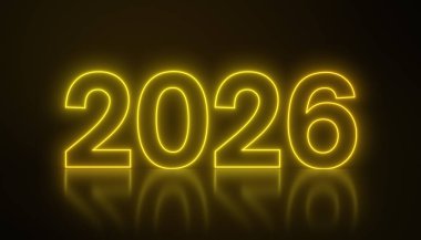 Aydınlatıcı bir zeminde, üzerinde 2026 sayısının bulunduğu soyut neon ışıkların koyu arkaplan üzerinde sarı olması yeni yılı temsil ediyor - tatil kavramı..