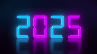 2020 'den 2026' ya kadar devam eden mavi ve morumsu bir LED ekranın yansıtıcı bir zeminde görüntülenmesi - 2026 yılını temsil ediyor - tatil kavramı.