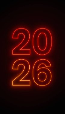 Soyut neon ışıkların dikey çizimi, üzerinde kırmızı ile 2026 rakamları olan, yansıtıcı bir zemindeki koyu arkaplan - yeni yılı temsil ediyor - tatil kavramı..