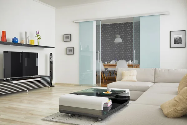 3D - moderne woonkamer met eethoek — Stockfoto