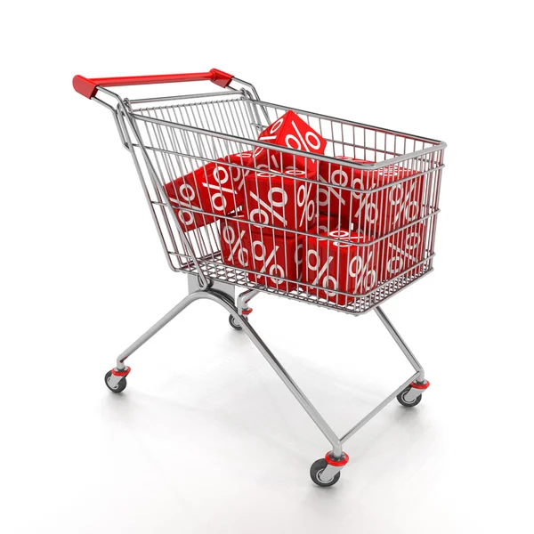 Carrinho de compras com cubos vermelhos de por cento — Fotografia de Stock