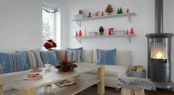 3D - pokój dzienny - Boże Narodzenie — Zdjęcie stockowe