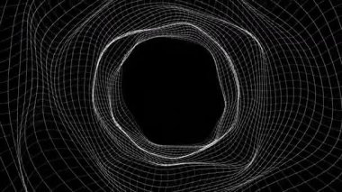 Siyah arkaplan üzerinde dönen beyaz telli tünel, soyut 3d hareket tasarım animasyonu.